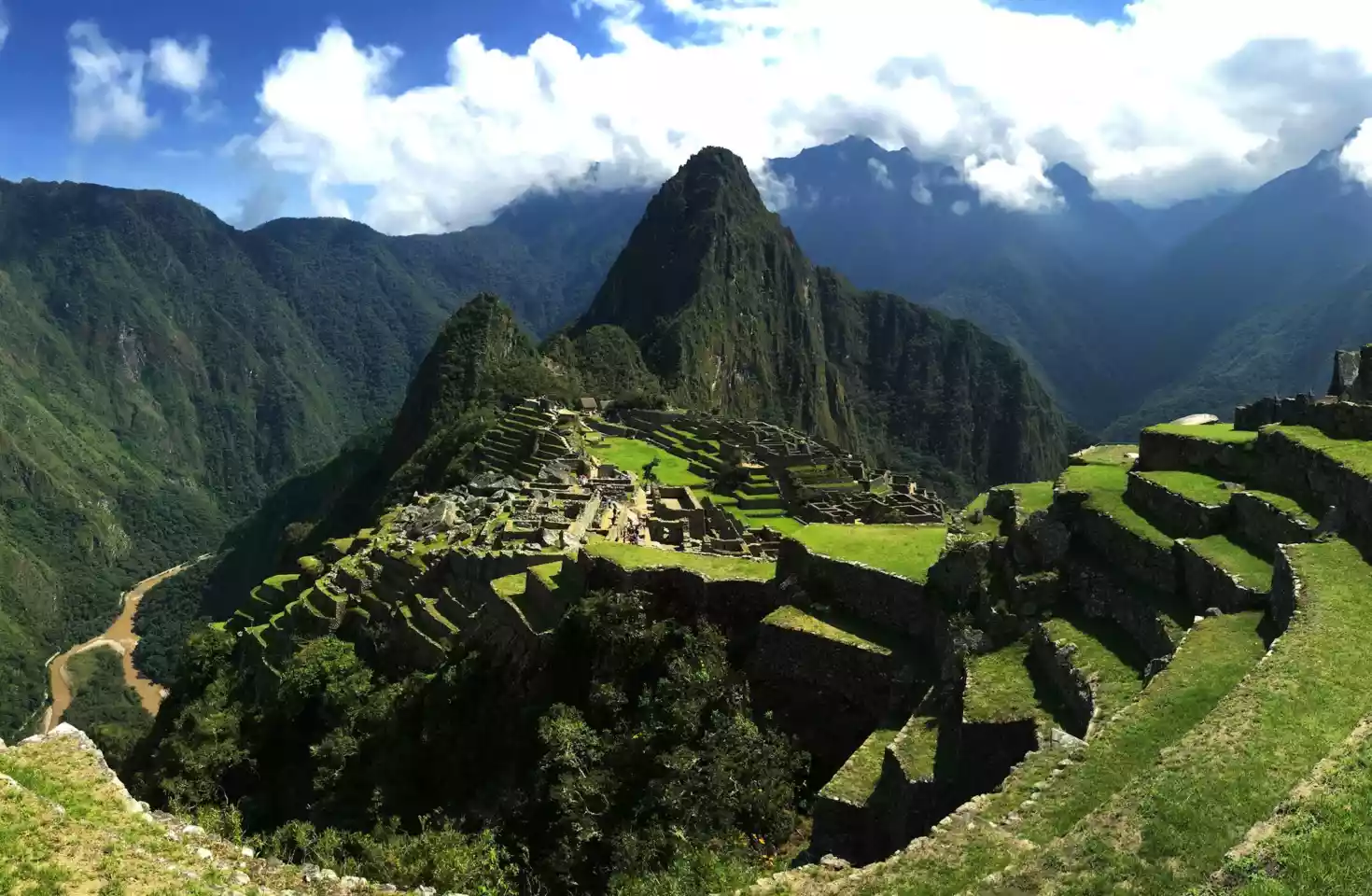 En oversikt over Machu Picchu, som viser de gamle Inka-ruinene mot en klar blå himmel. Scenen er fremhevet av frodig grønt gress som omgir det historiske stedet, og fremhever den velbevarte naturen og den rolige skjønnheten til denne ikoniske lokasjonen."