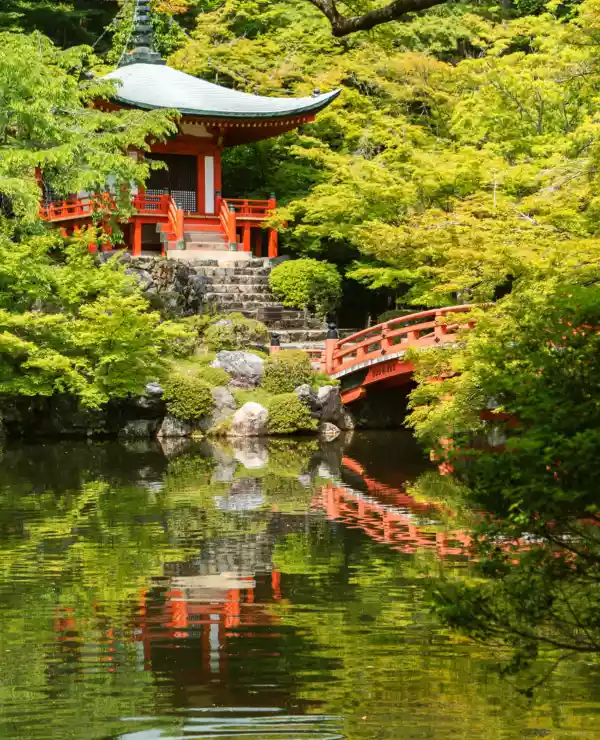 En bekk i Kyoto, omgitt av grønn vegetasjon og japansk arkitektur.