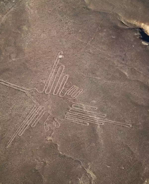 Overblikk av en Nazcalinjene. Linjene former det som kan beskriver som en kolibri.