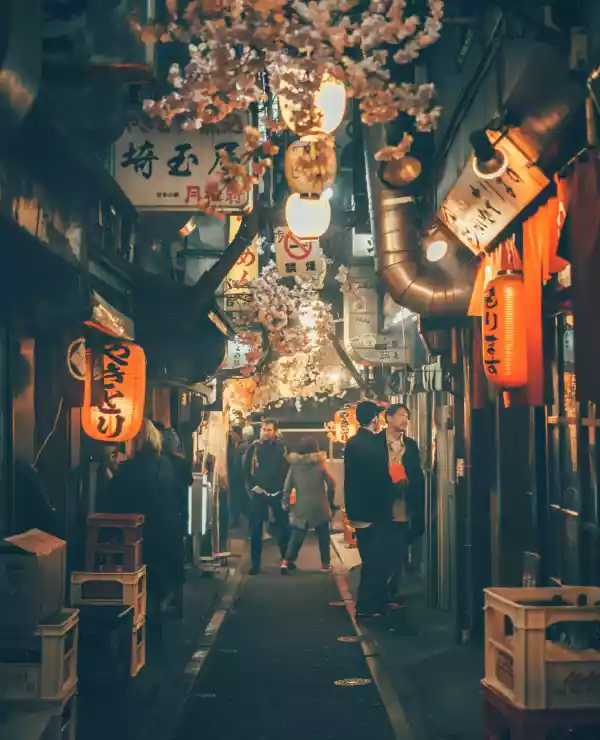 En trang bakgate i Tokyo om natten opplyst av tradisjonelle latterne som belyser de små butikkene i gaten.