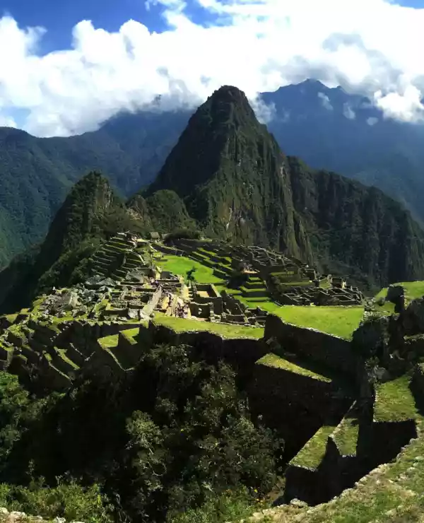 En oversikt over Machu Picchu, som viser de gamle Inka-ruinene mot en klar blå himmel. Scenen er fremhevet av frodig grønt gress som omgir det historiske stedet, og fremhever den velbevarte naturen og den rolige skjønnheten til denne ikoniske lokasjonen."